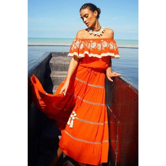 Miss June Dresses & Skirts - Miss June Esmerelda Long Dress Orange Embroidered Tiered Maxi Off Shoulder OS
